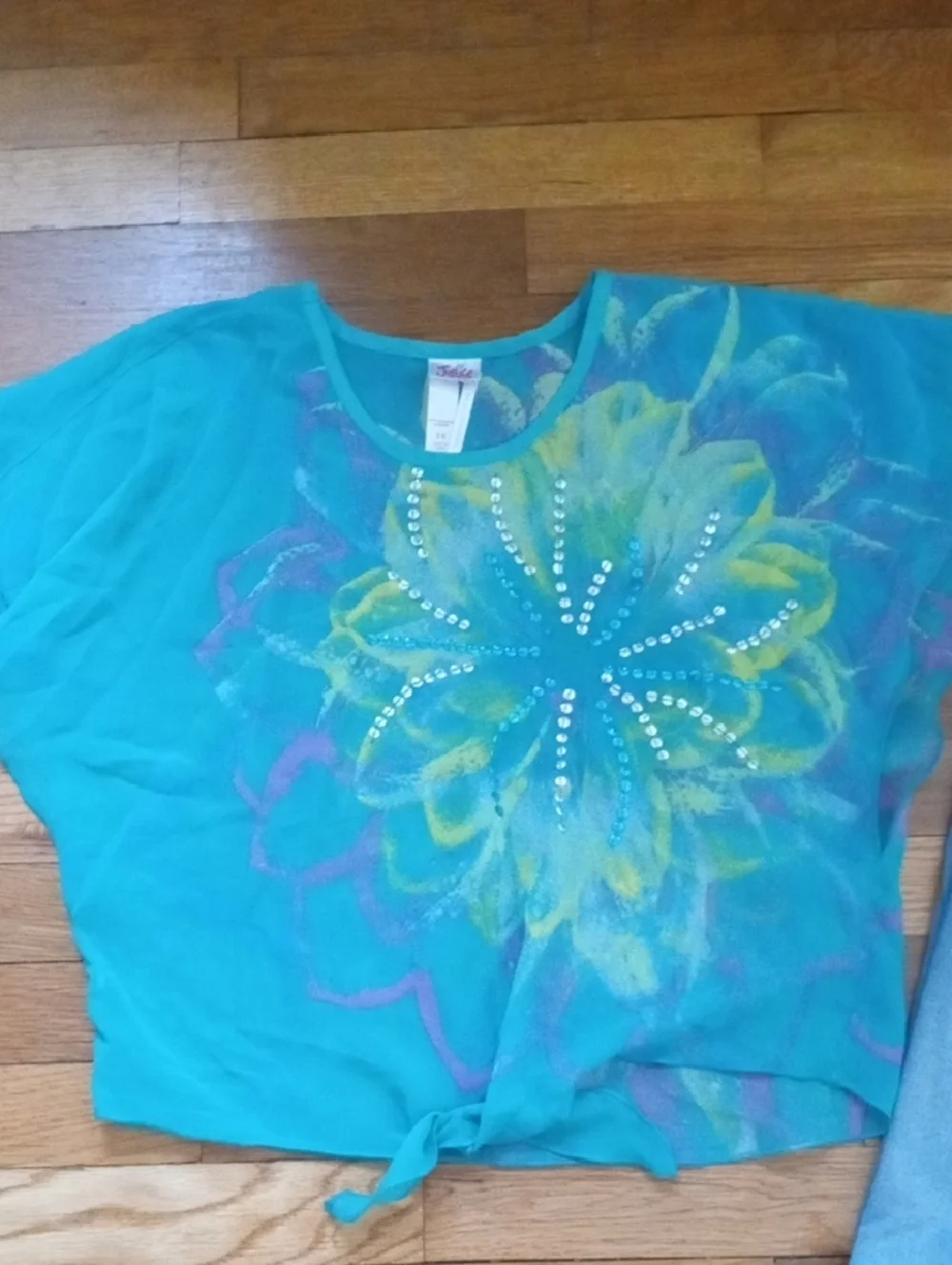 Teal Floral Tie-Front Top & Ombre Hem Skinny Jeans girl 14
